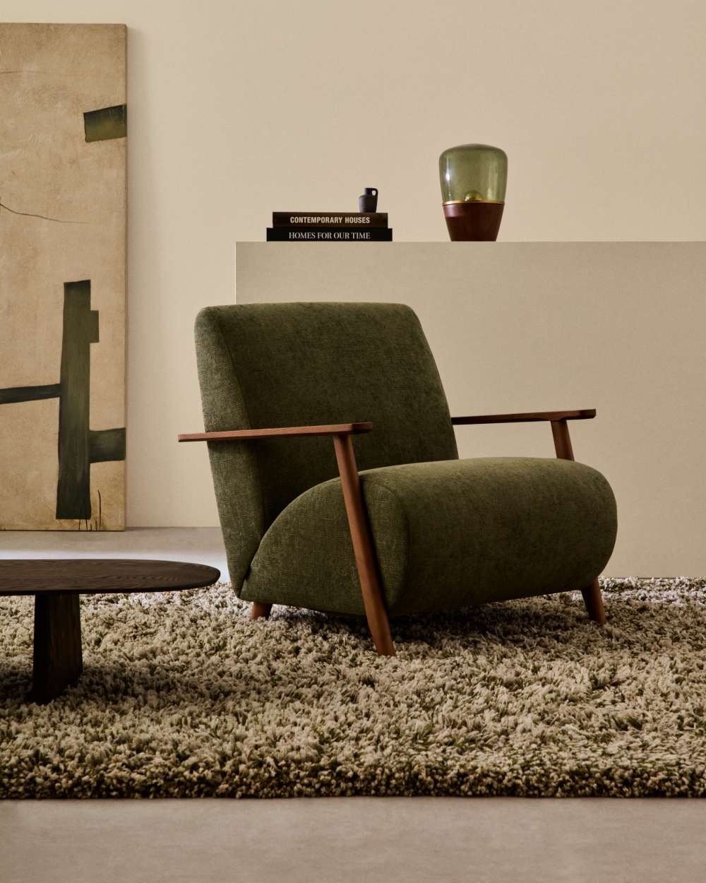 Fauteuil Meghan en chenille verte et bois de frêne finition noyer FSC Mix Credit - view 2