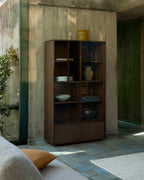 Vitrine Helvine 4 portes et 2 tiroirs en placage de frêne avec finition ton noyer et verre trempé 100 x 174 cm FSC 100 % - view 2