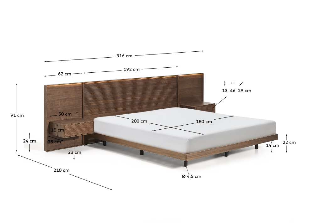 Lit Norlen avec 2 tables de nuit en placage de noyer avec finition foncée et lumière LED pour matelas 180 x 200 cm FSC Mix Credit - view 6