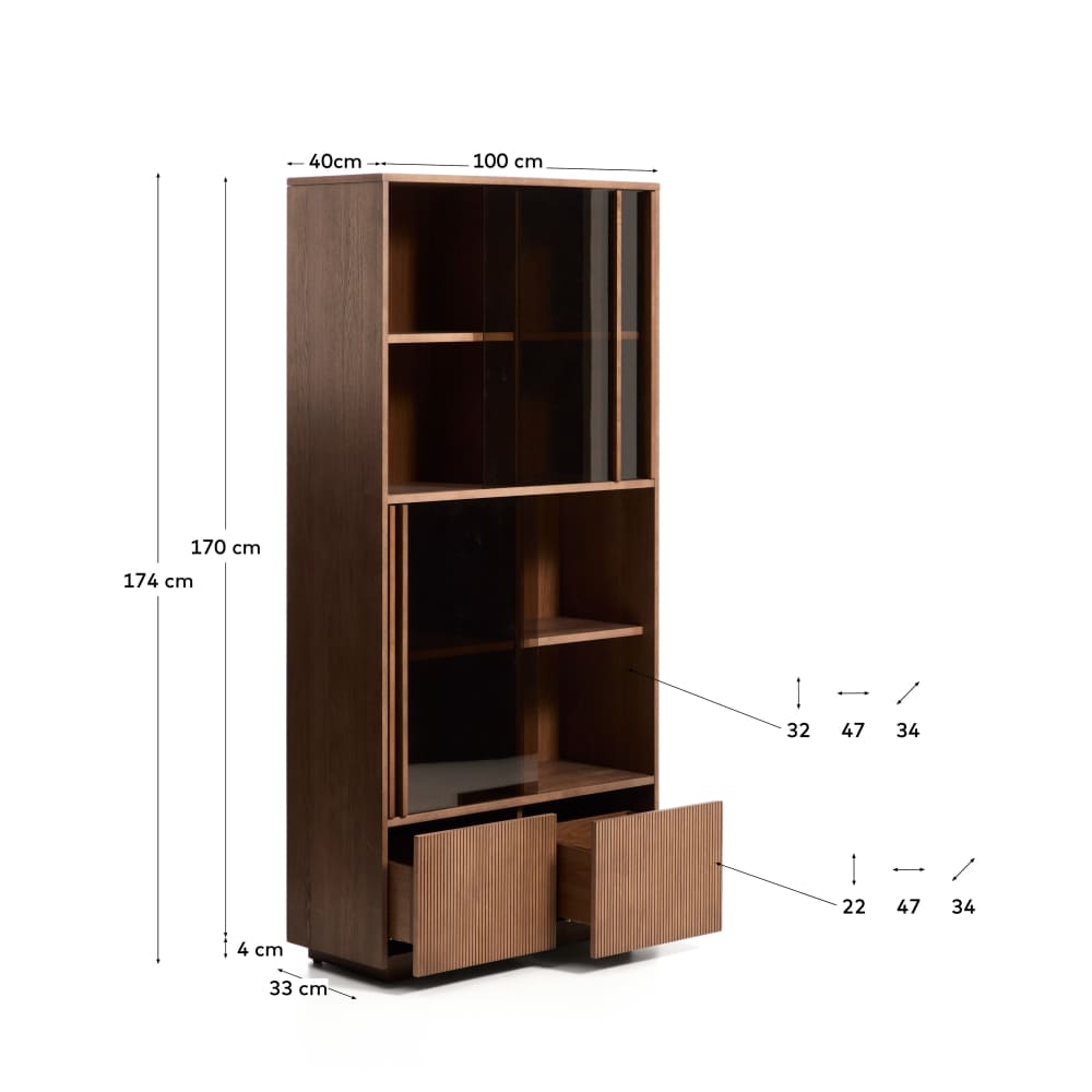 Vitrine Helvine 4 portes et 2 tiroirs en placage de frêne avec finition ton noyer et verre trempé 100 x 174 cm FSC 100 % - view 6