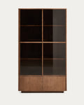 Vitrine Helvine 4 portes et 2 tiroirs en placage de frêne avec finition ton noyer et verre trempé 100 x 174 cm FSC 100 %