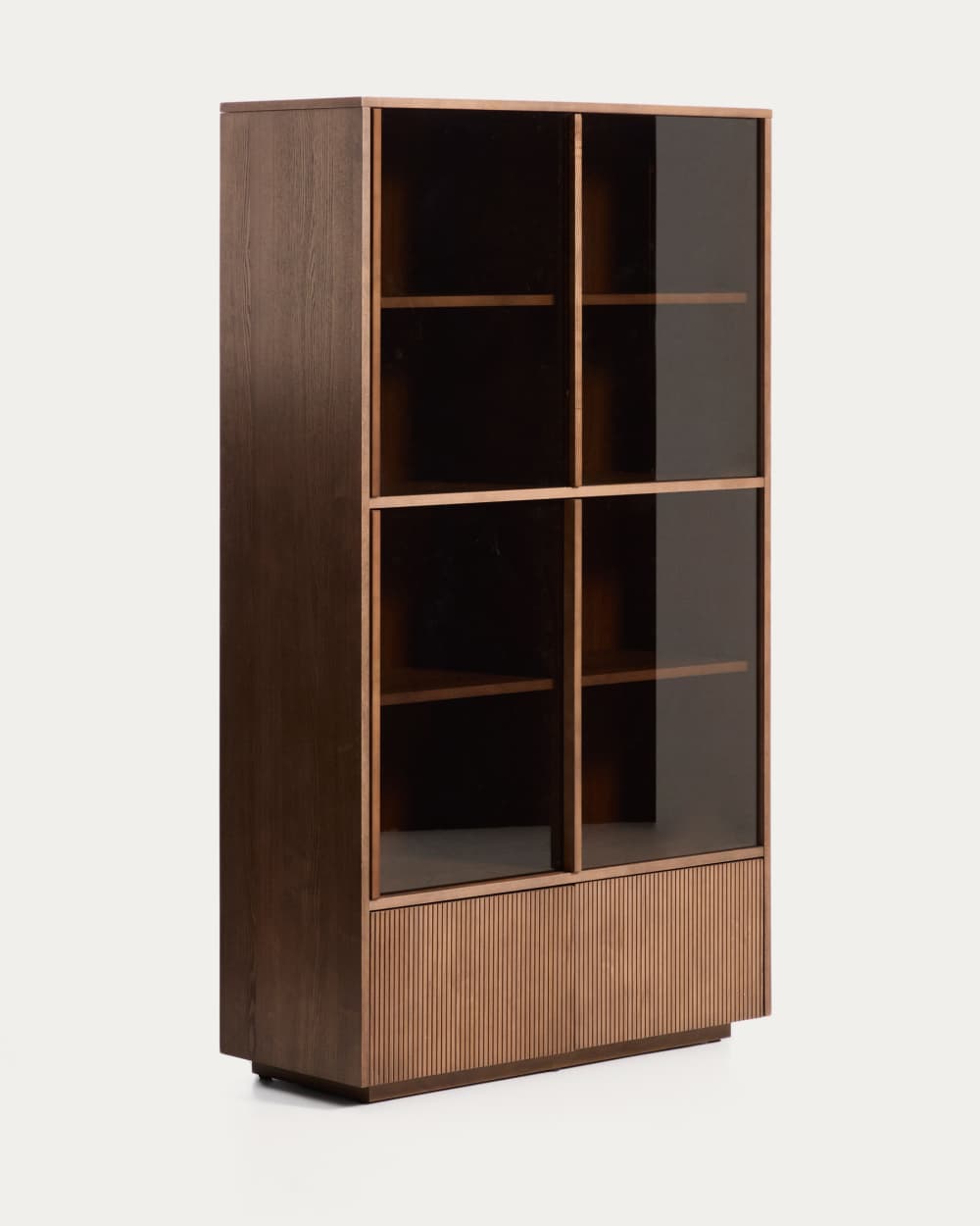 Vitrine Helvine 4 portes et 2 tiroirs en placage de frêne avec finition ton noyer et verre trempé 100 x 174 cm FSC 100 % - view 5