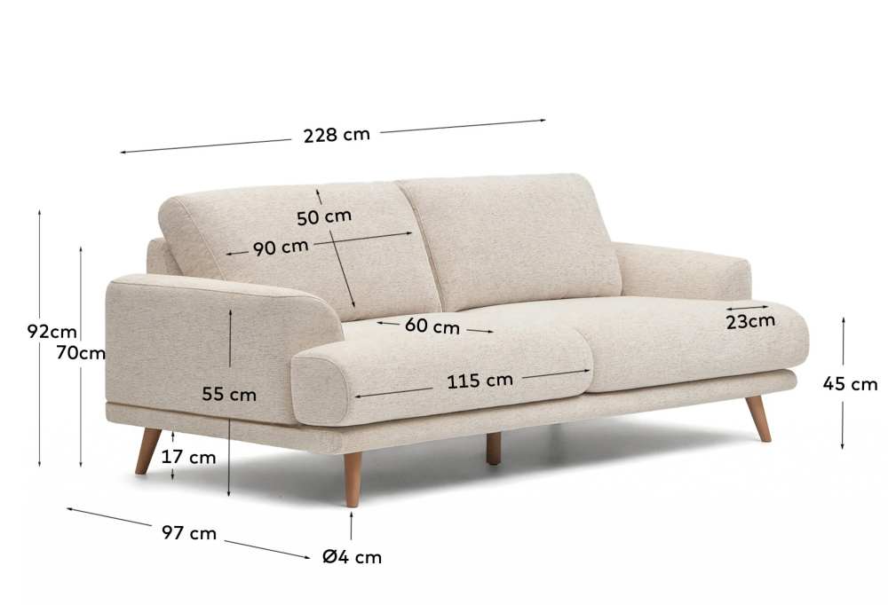 Canapé Karin 3 places en chenille beige et pieds en bois de hêtre avec finition ton naturel 228 cm - view 6