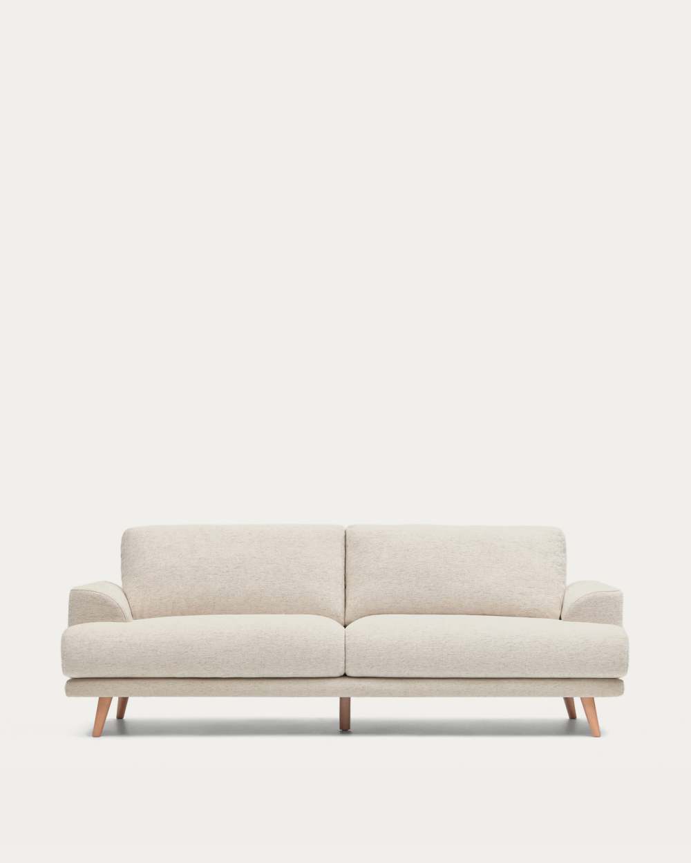 Canapé Karin 3 places en chenille beige et pieds en bois de hêtre avec finition ton naturel 228 cm