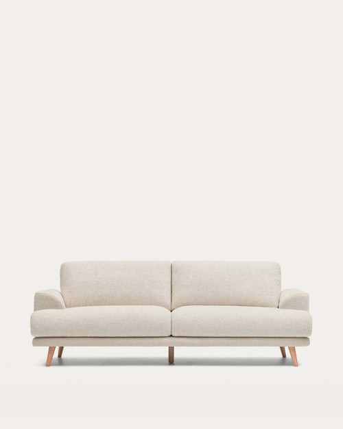 Canapé Karin 3 places en chenille beige et pieds en bois de hêtre avec finition ton naturel 228 cm