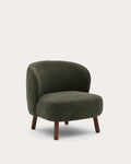 Fauteuil Ulit en chenille verte et pieds en bois de frêne finition ton noyer